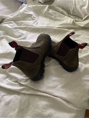 Men's Brown Slip-On Chelsea Work Boots with Red Pull Tabs